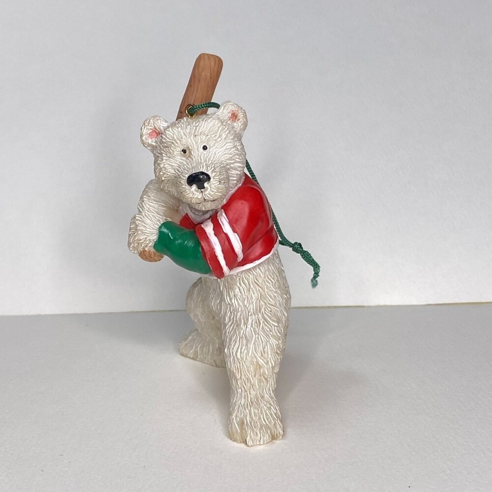 Christmas Ornament Polar Bear Baseball Player Swinging Bat Red Green Jersey 1990